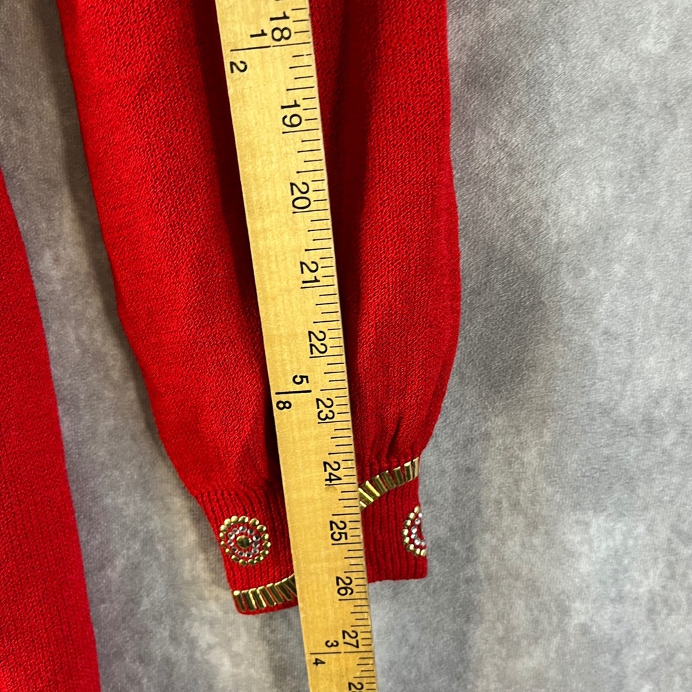 St. John Knit Dress Women 12 Red V-Neck Embellished Cuff Vintage Marie Gray - Picture 6 of 9